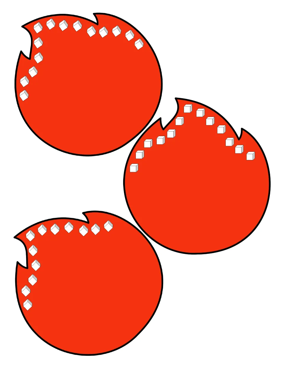 Counting cubes: red flame cut-outs with 14, 13 and 12 white cubes for students to count one by one