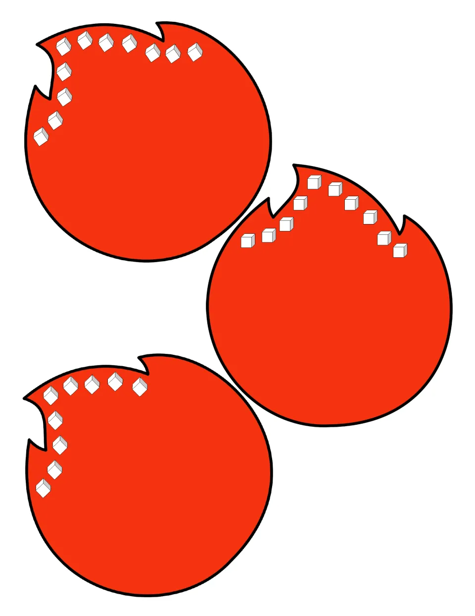 Counting cubes: red flame cut-outs with 11, 10 and 9 white cubes for students to count and pair with numbers