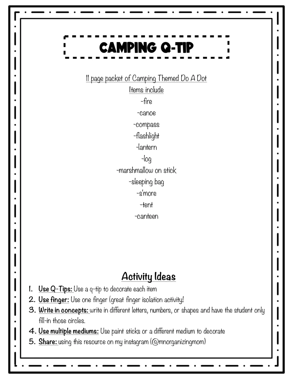 Camping Q-Tip do-a-dot packet listing 11 camping items, from fire and canoe to s'more and tent, plus five activity ideas