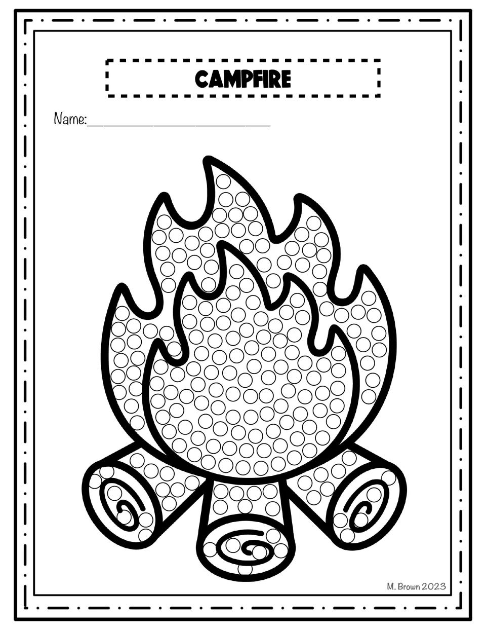 Campfire dot art: students press a Q-tip or finger onto each dot to fill in flames and three logs, then write their name