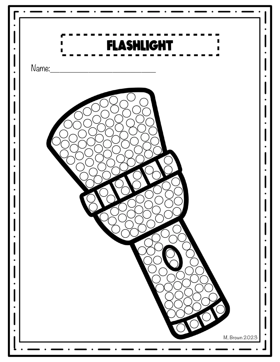 Flashlight dot art: students dab paint into each circle on a tilted flashlight with a button on its handle