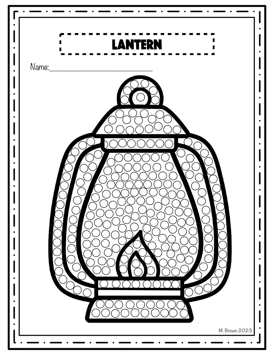 Lantern dot art: students fill the dots on a camping lantern with a flame inside and a top handle using a Q-tip or finger