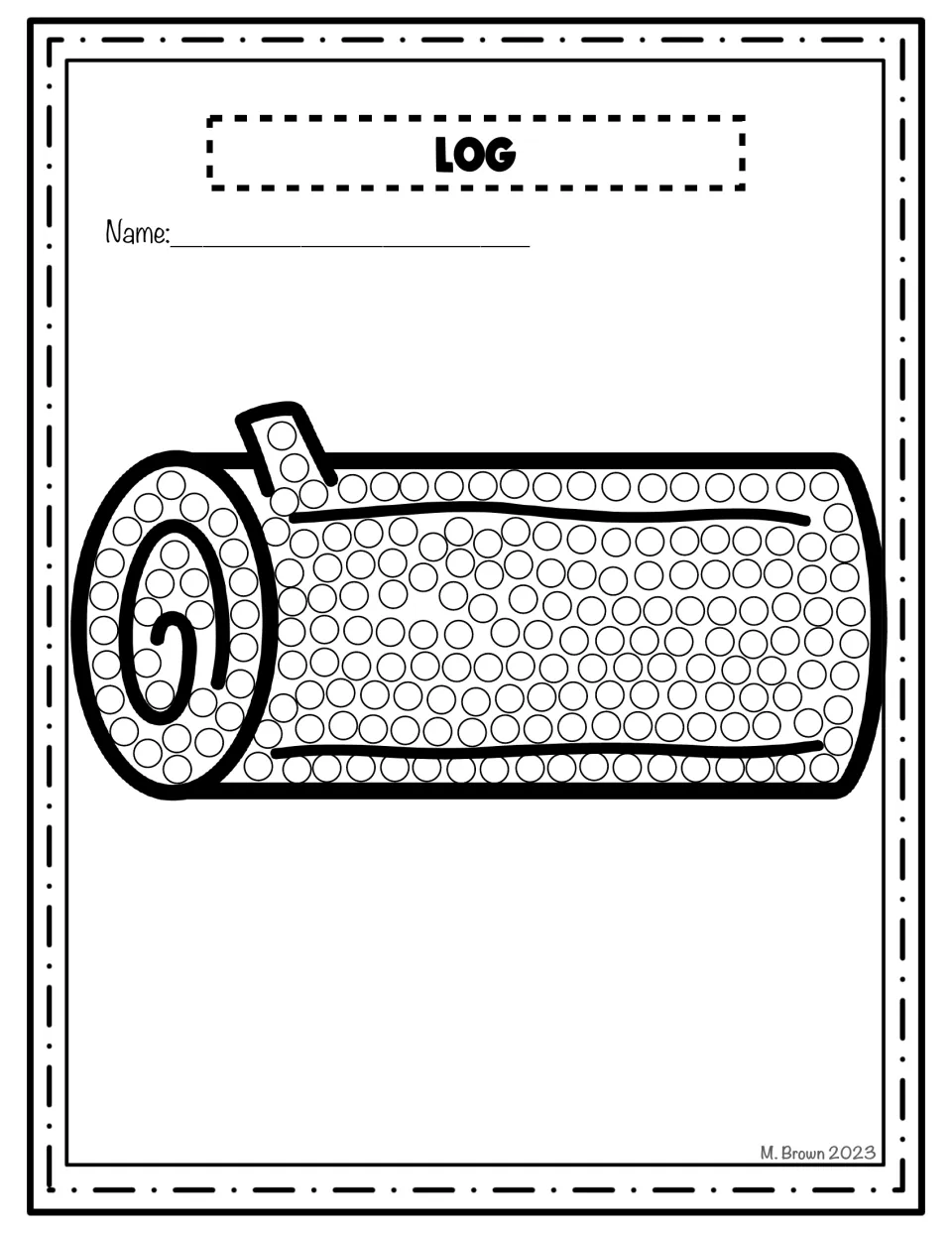 Log dot art: students dab paint onto each dot of a log with a spiral end and a small branch, then write their name
