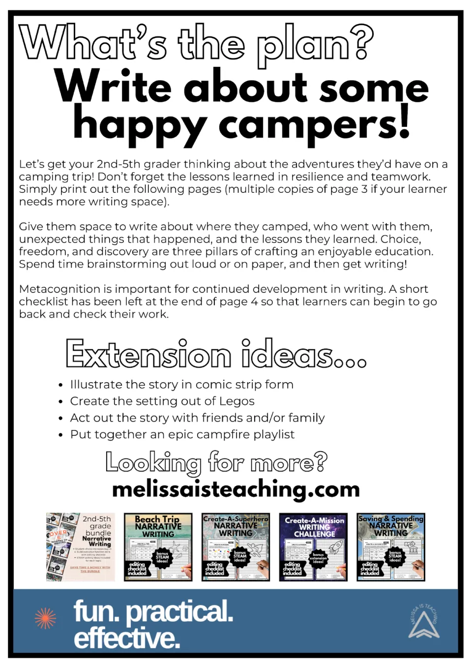 Happy campers writing plan: teacher notes on the camping story task, plus extension ideas like a comic strip or playlist