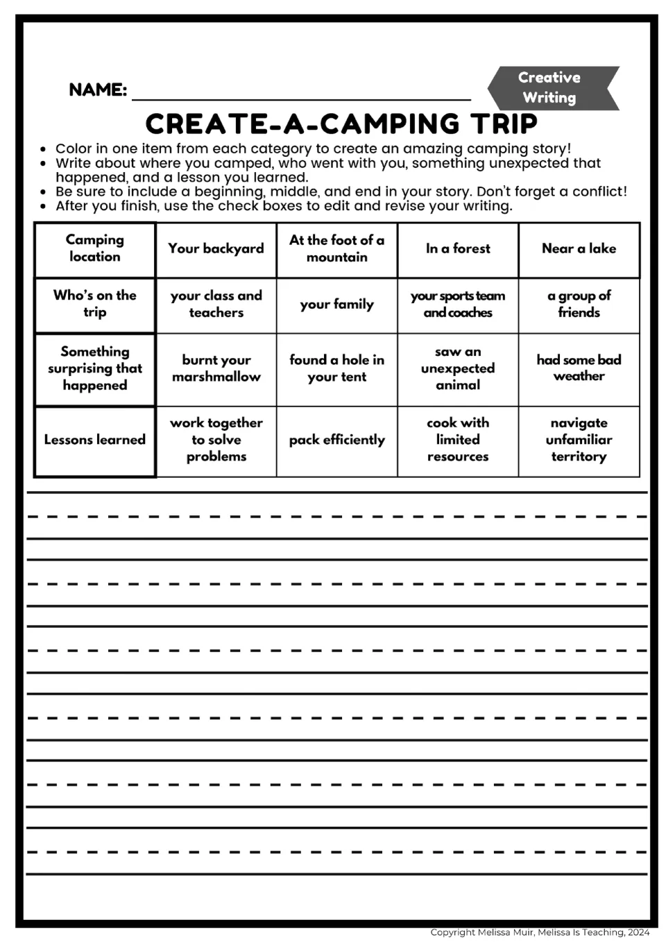 Create-a-Camping Trip: students color one choice each for location, campers, surprise and lesson, then begin their story
