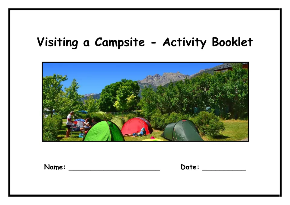 Visiting a Campsite activity booklet cover with a photo of tents on grass below mountains, plus name and date lines