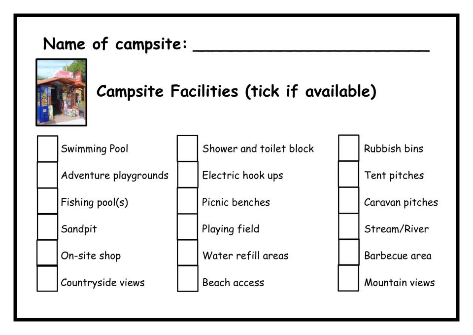 Campsite facilities checklist: students name a campsite and tick which of 18 facilities it has, such as a pool or shop