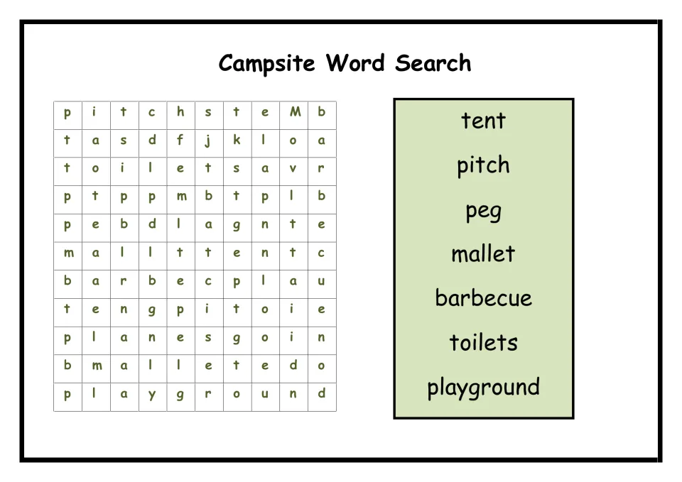 Campsite word search: students find tent, pitch, peg, mallet, barbecue, toilets and playground hidden in a letter puzzle