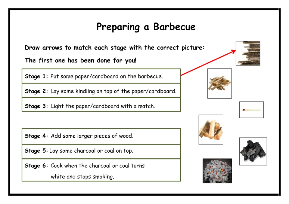 Preparing a Barbecue sequencing: students draw arrows matching six stages, from paper and kindling to hot coals, to photos