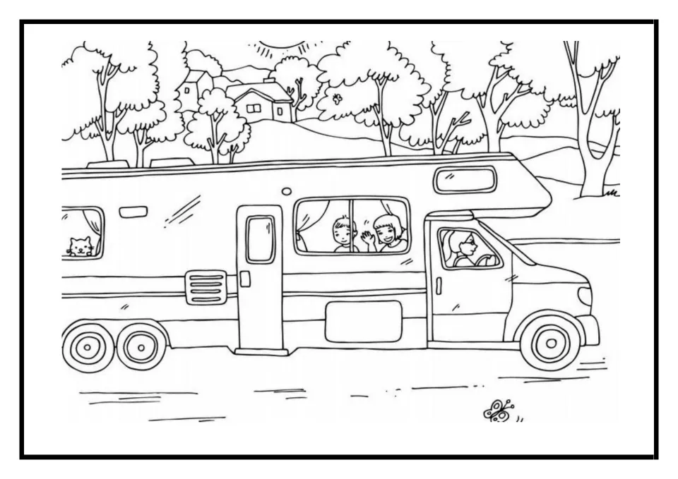 Camping colouring page: an adult drives a motorhome past trees and hills with two children and a cat at the windows