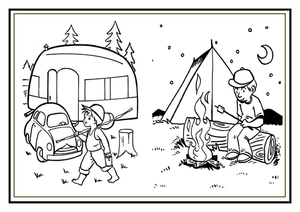 Camping colouring scenes: a boy carries a stick and pail past a car and caravan, and a boy toasts a marshmallow by a campfire