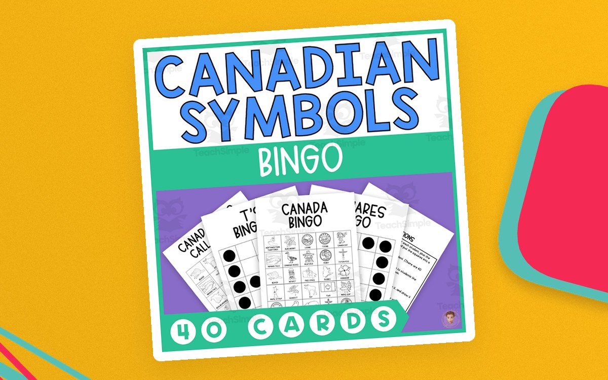 Canadian Symbols Bingo cover with sample bingo cards and red maple-leaf accents.