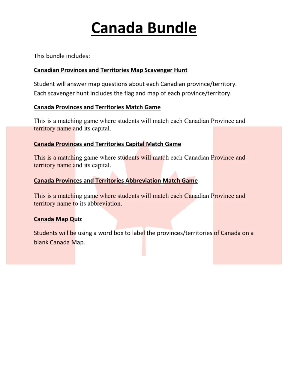 Canada Bundle contents: map scavenger hunts, three province and territory match games, and a Canada map labeling quiz