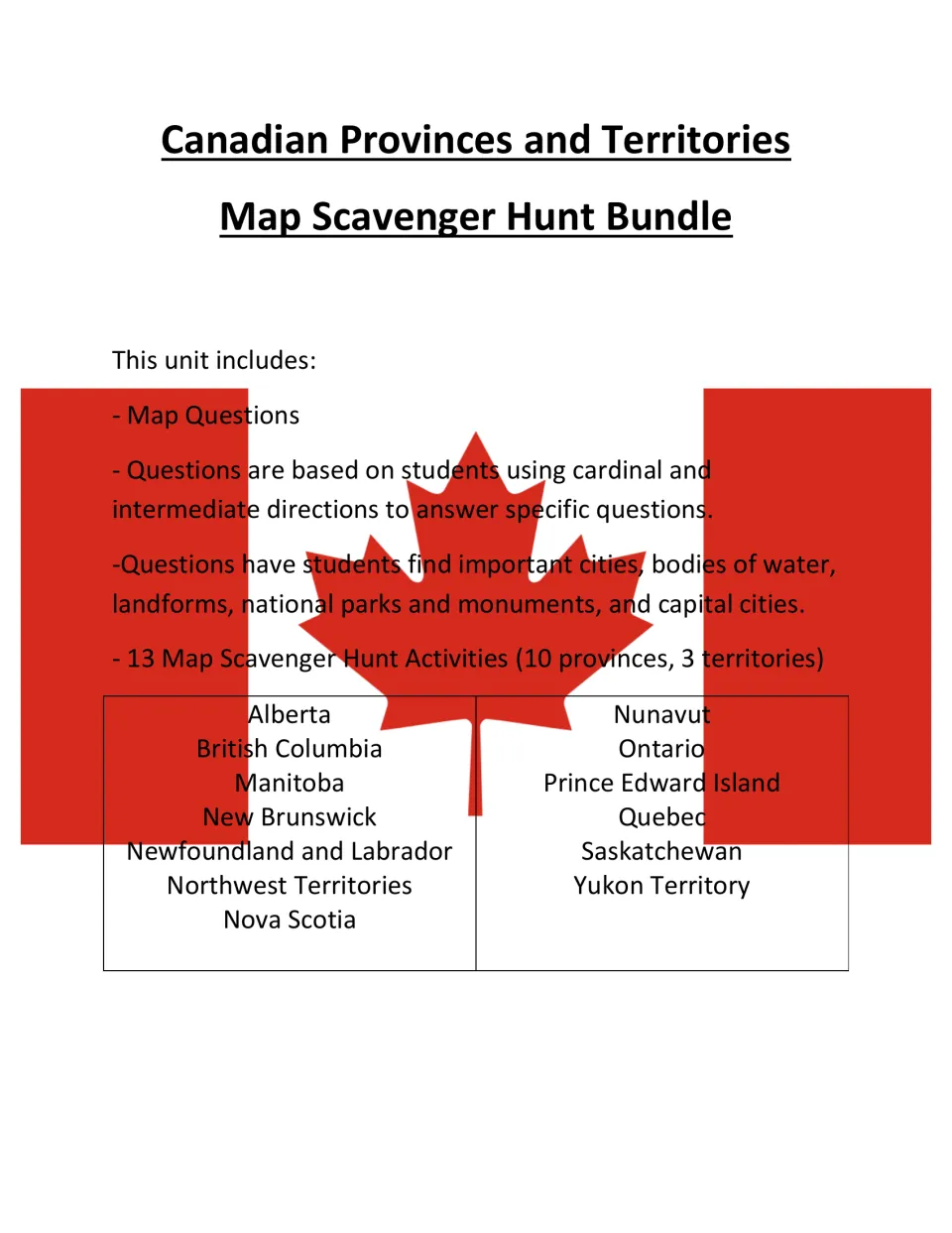 Provinces and territories scavenger hunt overview: direction-based map questions for 13 regions, from Alberta to Yukon