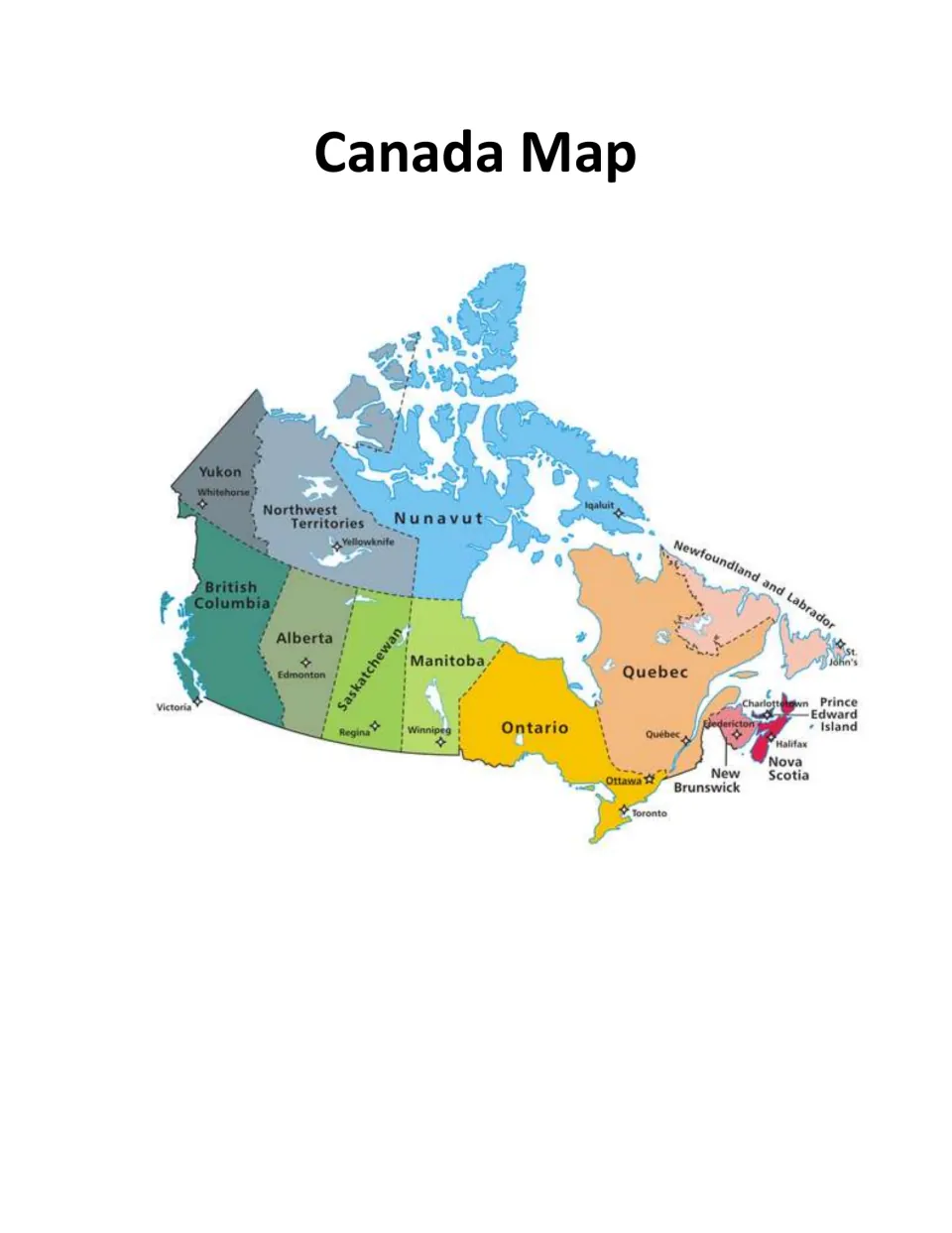 Canada map showing all 10 provinces and 3 territories with capital cities such as Ottawa, Edmonton and Iqaluit starred