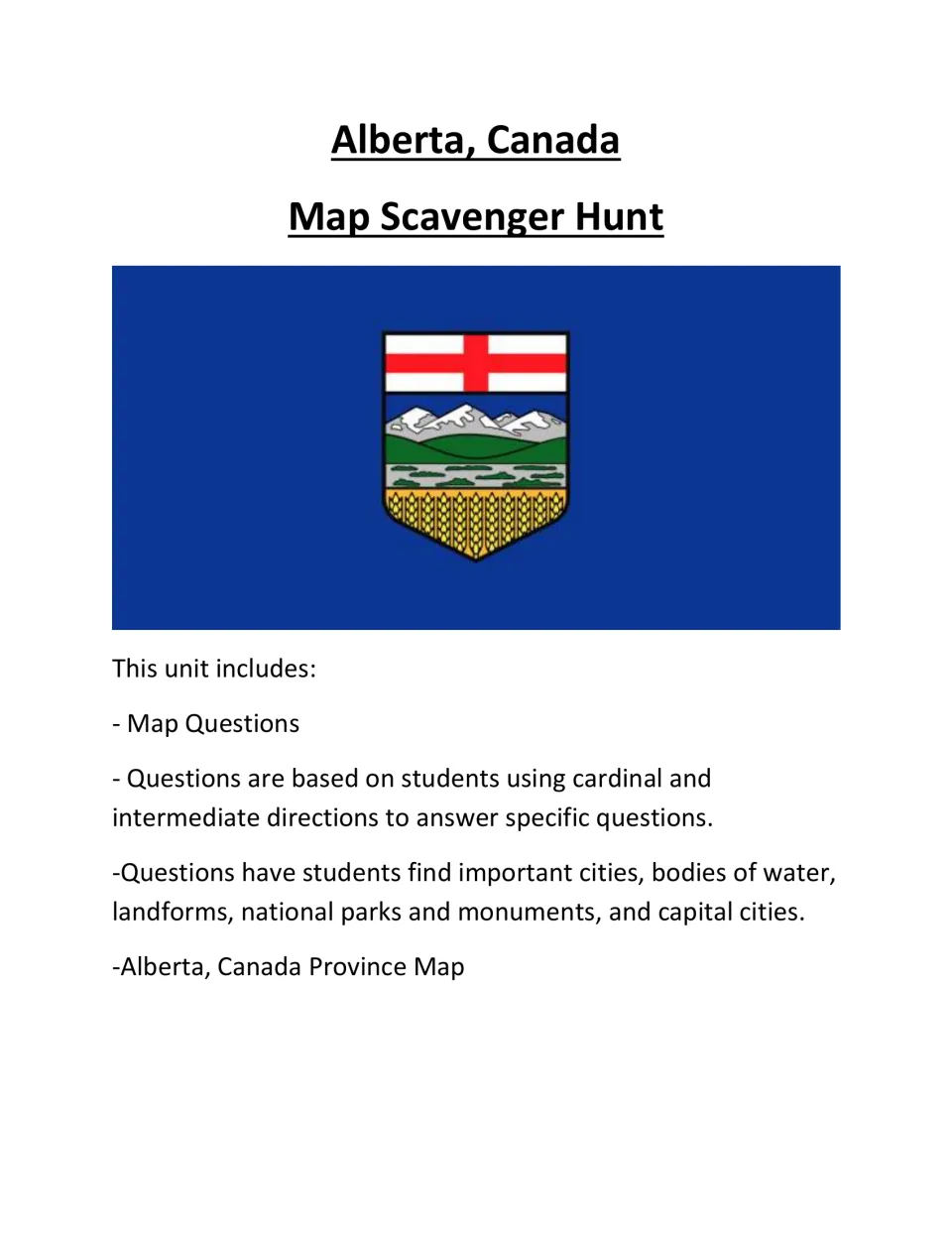 Alberta map scavenger hunt title page with the blue Alberta flag and an outline of its city and landform map questions