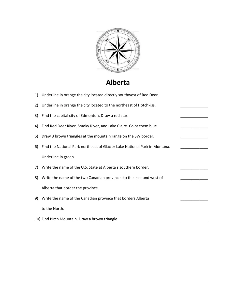 Alberta questions: students use cardinal directions to underline cities, star Edmonton, color rivers and name neighbors