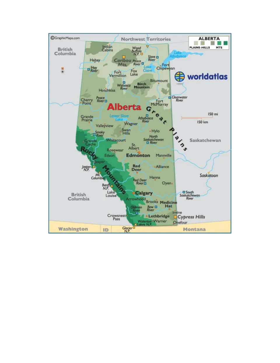 Alberta physical map labeling cities, rivers, Rocky Mountains, Great Plains and national parks such as Banff and Jasper