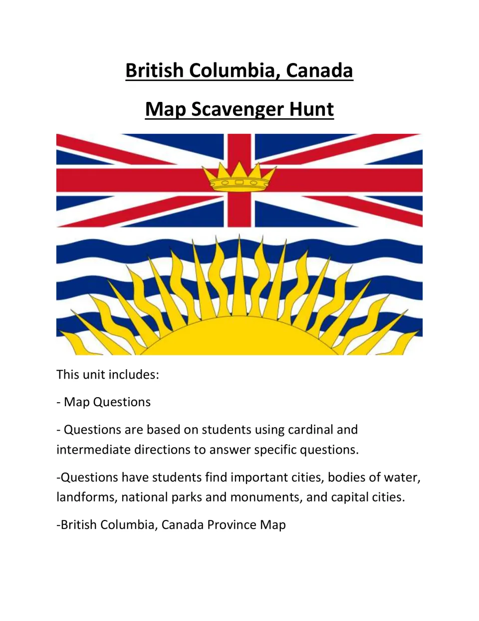British Columbia map scavenger hunt title page with the provincial flag of a crown and setting sun and a list of contents