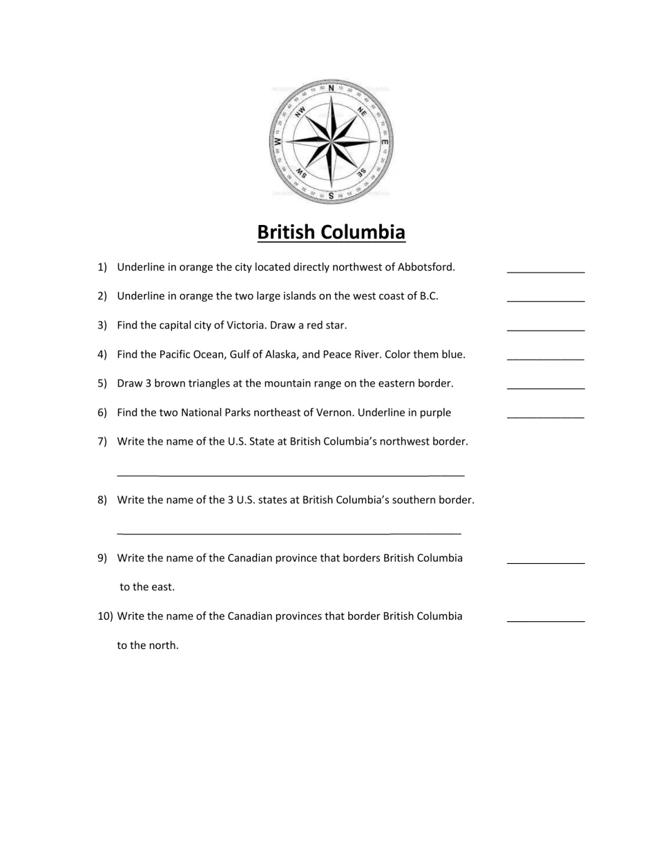 British Columbia questions: students find Vancouver by direction, star Victoria, color waters and name U.S. border states
