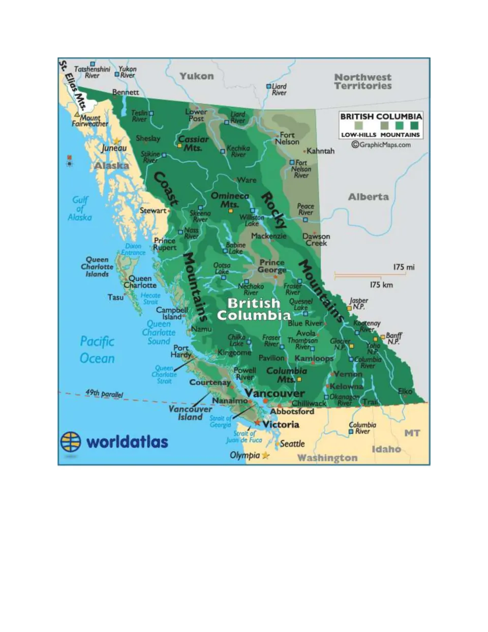 British Columbia physical map labeling Victoria, Vancouver, Coast and Rocky Mountains, Pacific Ocean and bordering states
