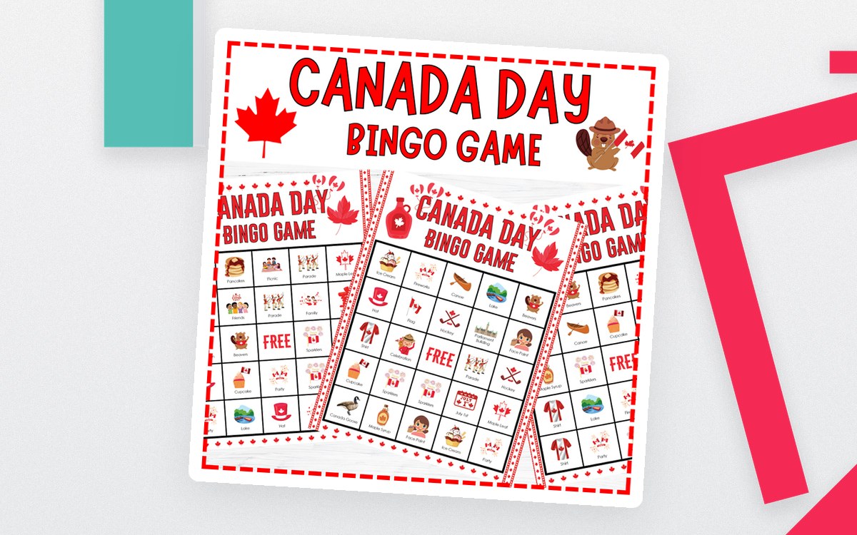 Canada Day Bingo cover with three red-and-white picture bingo boards, calling cards and Canadian symbols