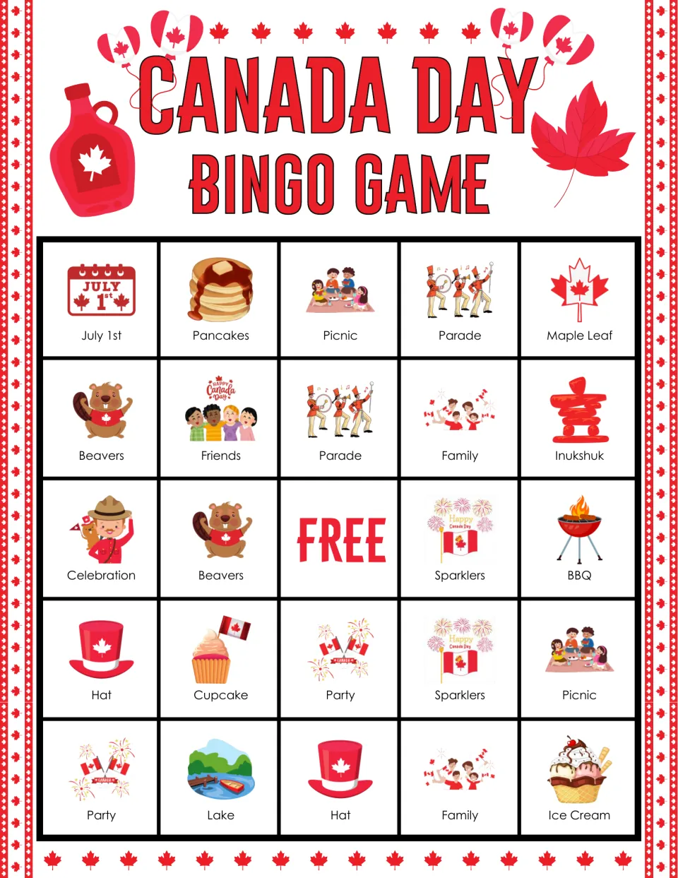 Canada Day bingo card: students mark picture squares like July 1st, pancakes, picnic, parade, maple leaf and beavers