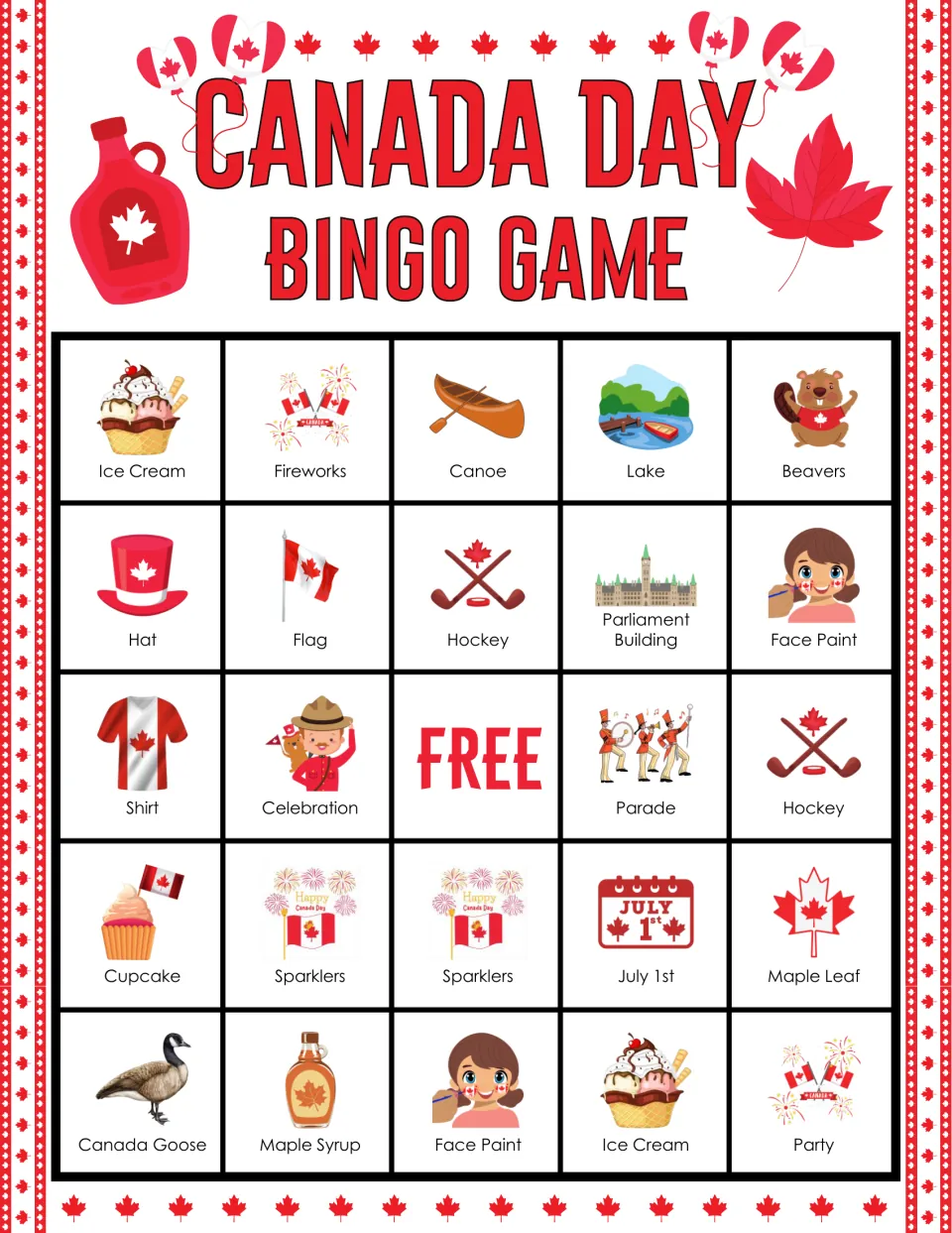 Canada Day bingo card: players find ice cream, fireworks, canoe, lake, hockey and Parliament Building pictures to mark