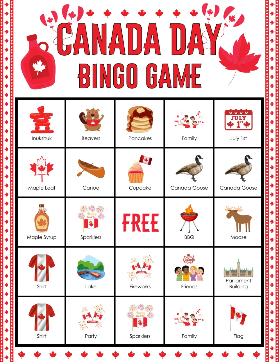 Canada Day bingo card: students cover squares showing an inukshuk, moose, canoe, BBQ and two Canada geese