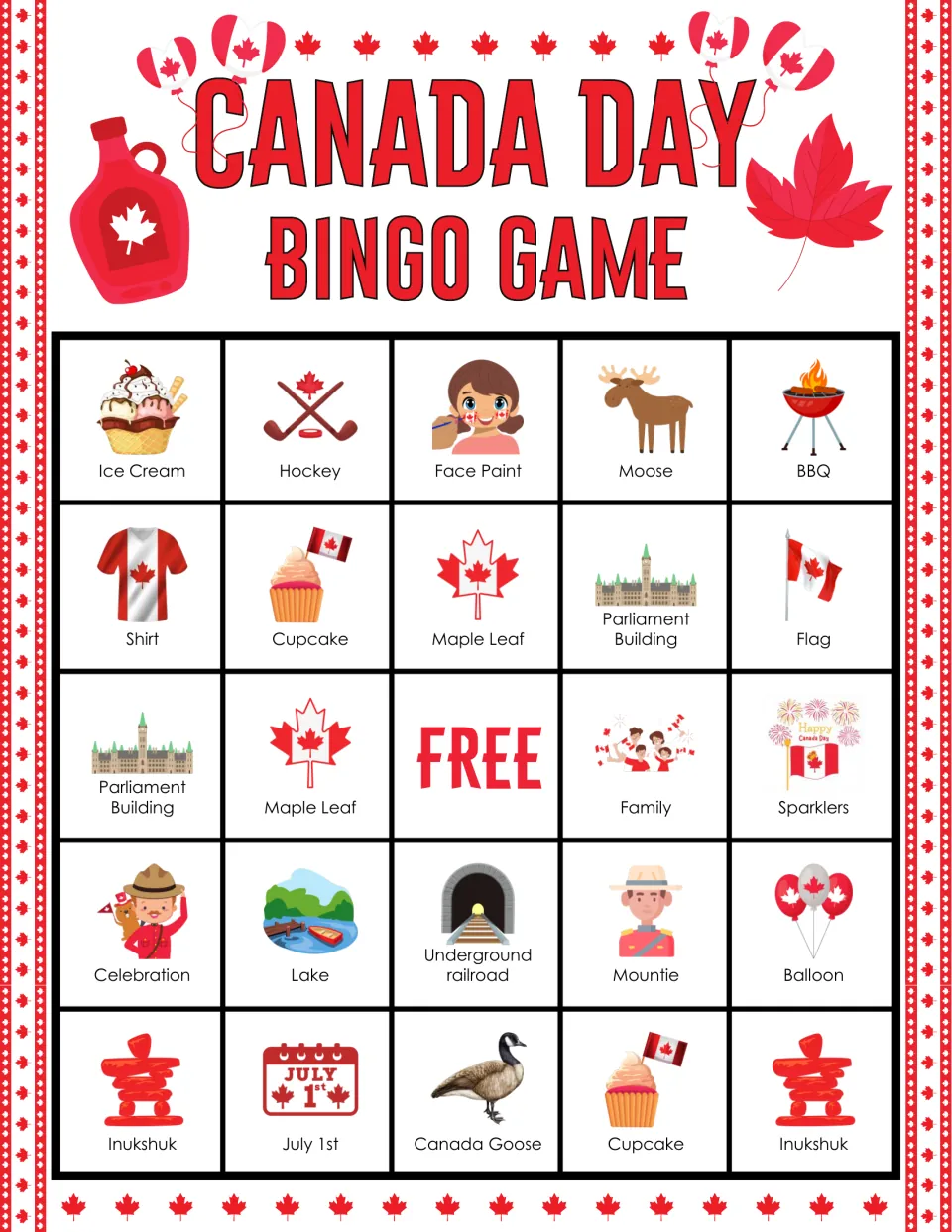 Canada Day bingo card: students mark symbols including a Mountie, moose, balloon, face paint and Underground railroad