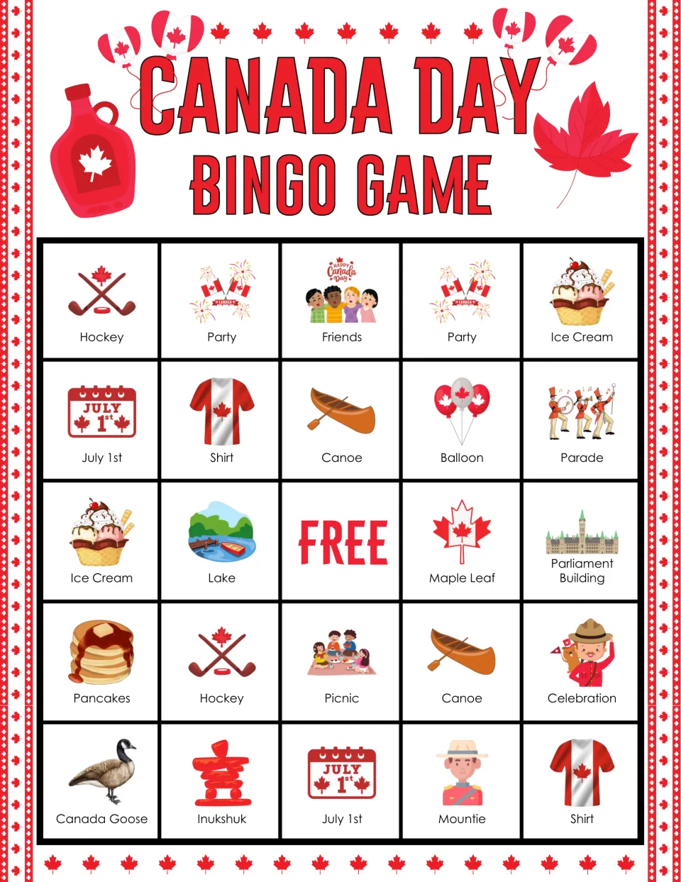 Canada Day bingo card: picture-word squares for hockey, party, friends, canoe, Mountie and balloon for students to mark