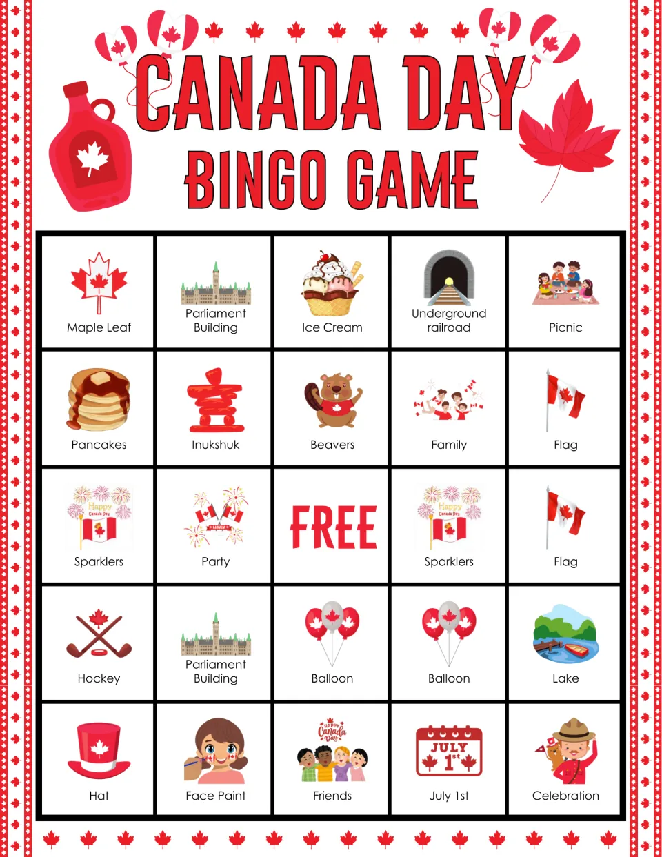 Canada Day bingo card: students find and cover Parliament Building, picnic, two balloons, flags and Underground railroad