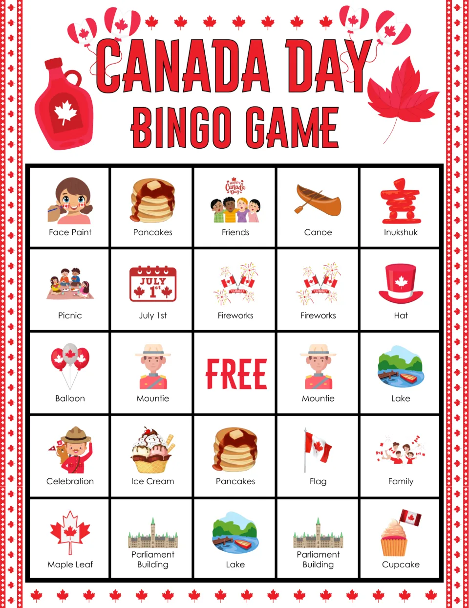 Canada Day bingo card: students mark face paint, pancakes, canoe, two Mounties, fireworks and a Parliament Building