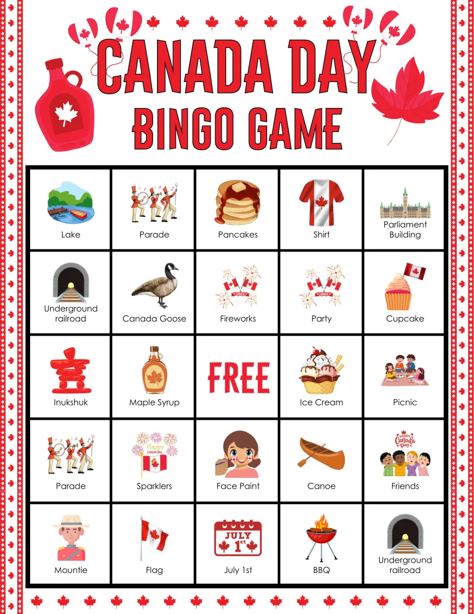 Canada Day bingo card: players cover lake, parade, shirt, maple syrup, BBQ and two Underground railroad squares