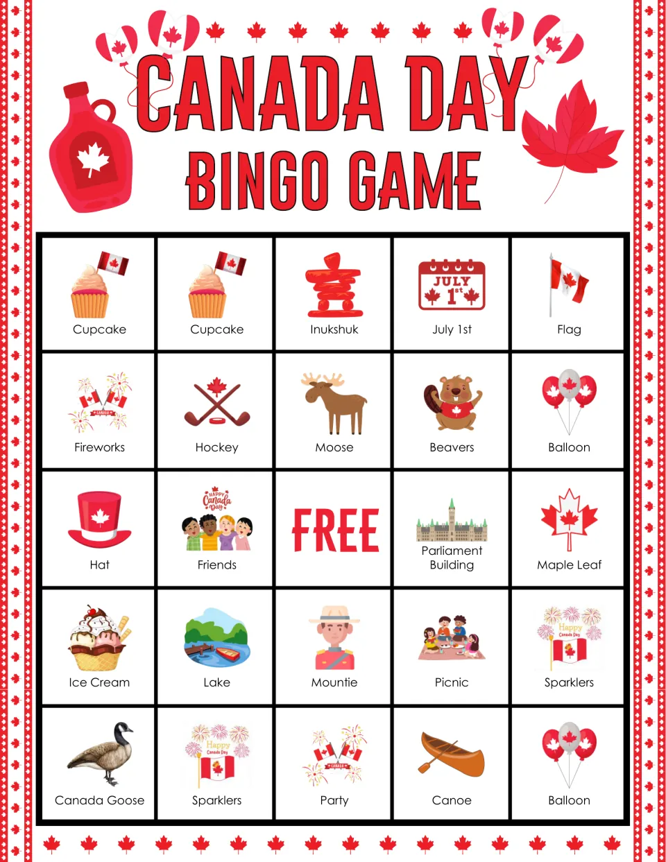 Canada Day bingo card: students mark two cupcakes, inukshuk, July 1st, flag, moose, beavers and a pair of balloons