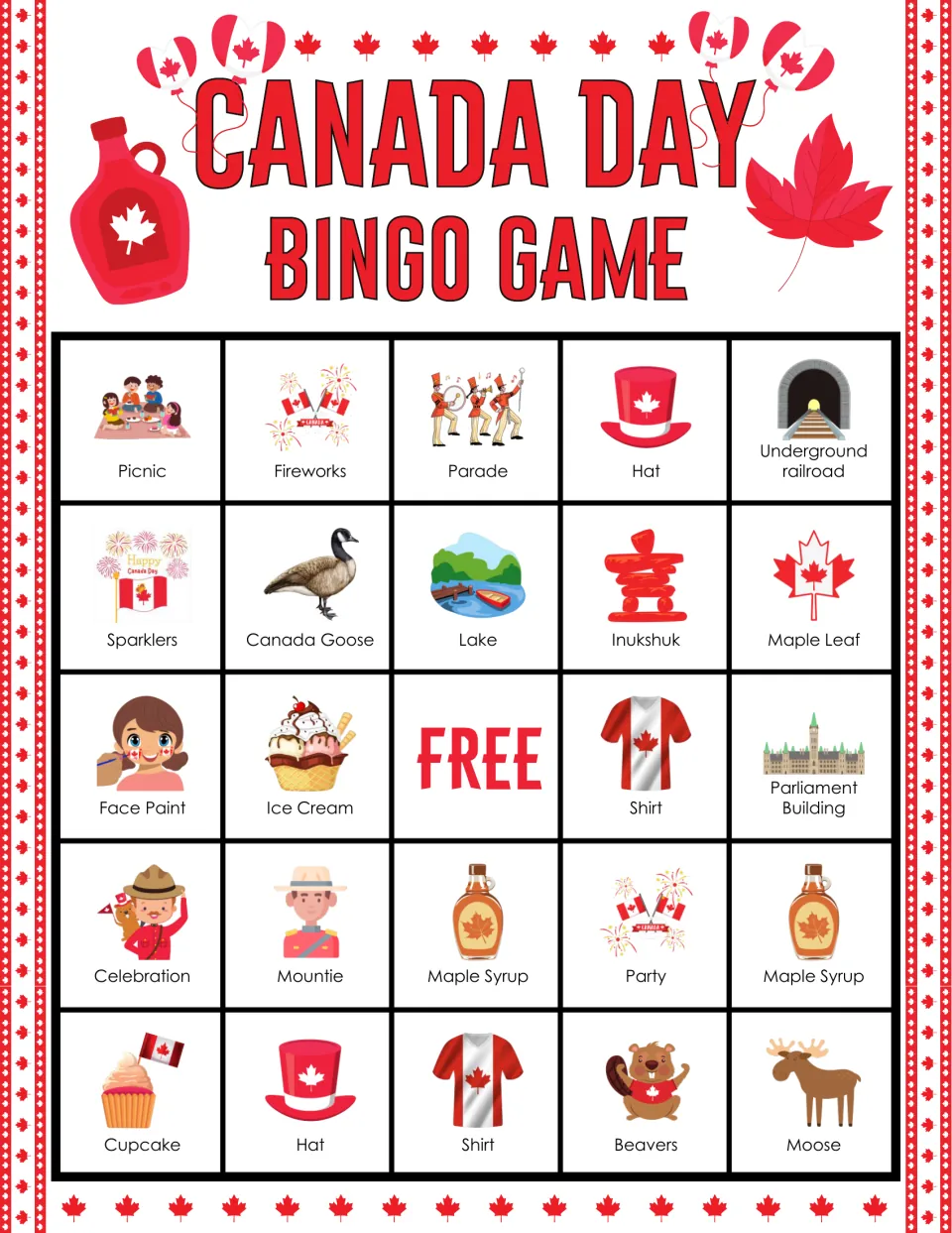 Canada Day bingo card: students cover picnic, fireworks, top hat, two maple syrup bottles, moose and Underground railroad