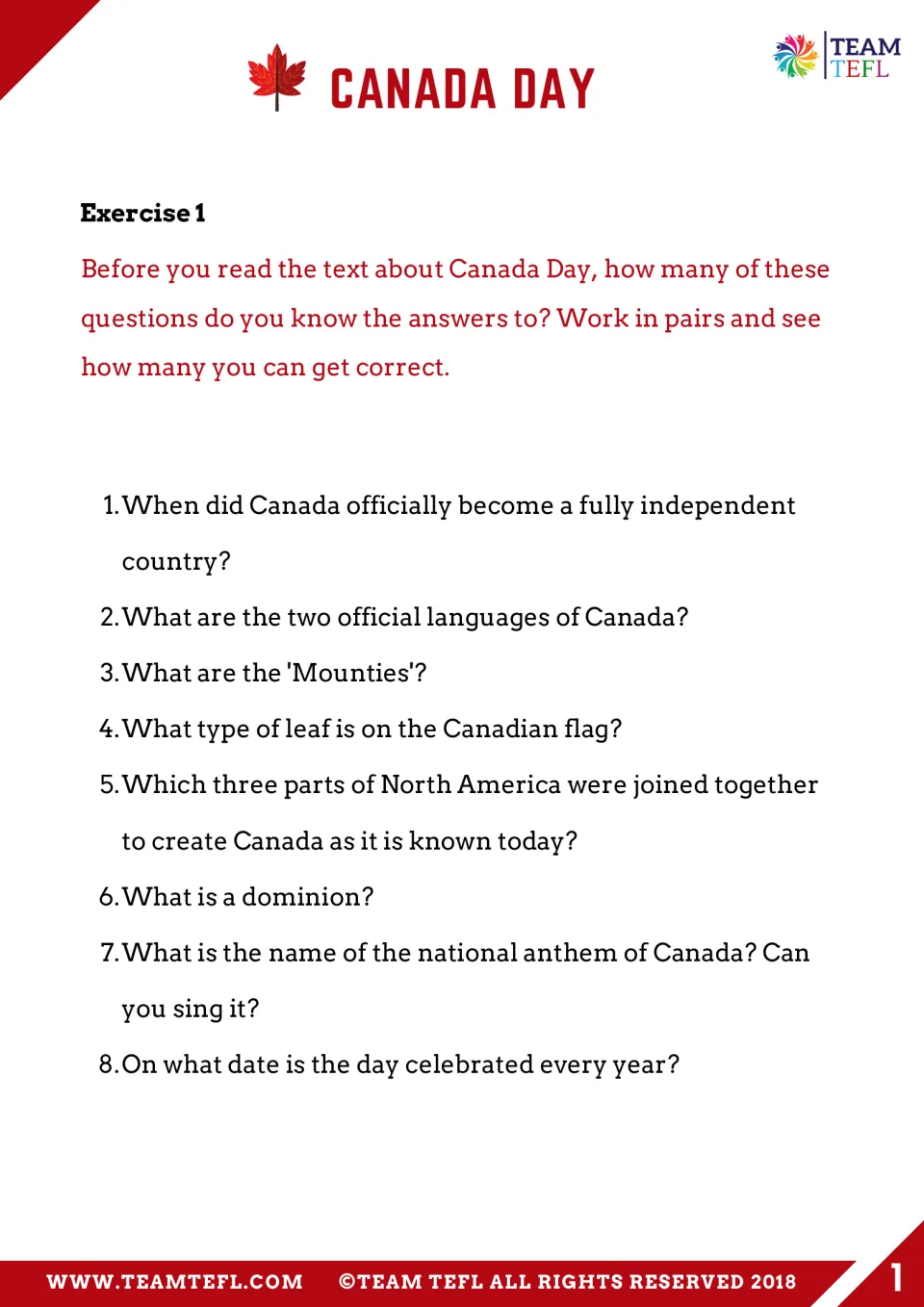 Exercise 1: eight preview questions about Canadian independence, languages, Mounties, the flag, and more