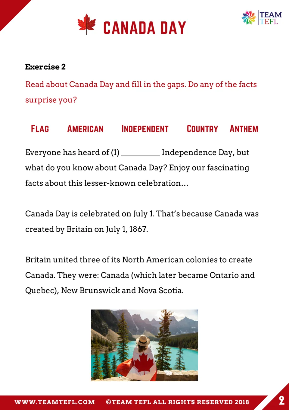 Exercise 2 begins a reading about July 1 and Canada's founding, with a five-word bank and the first blank