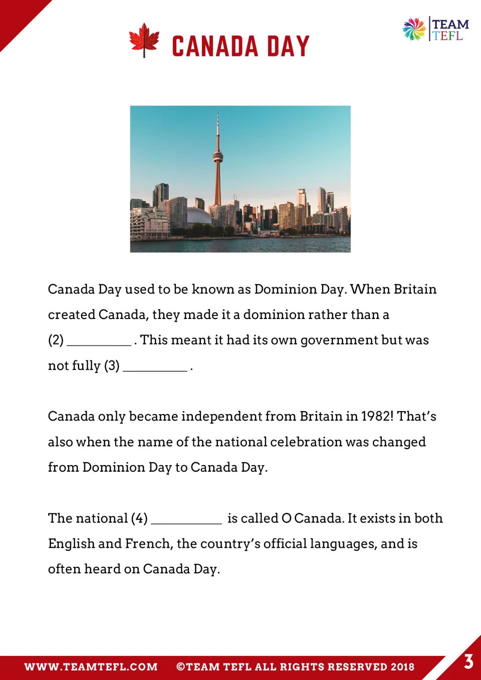 Reading continuation covers Dominion Day, independence, and O Canada, with vocabulary blanks 2 through 4
