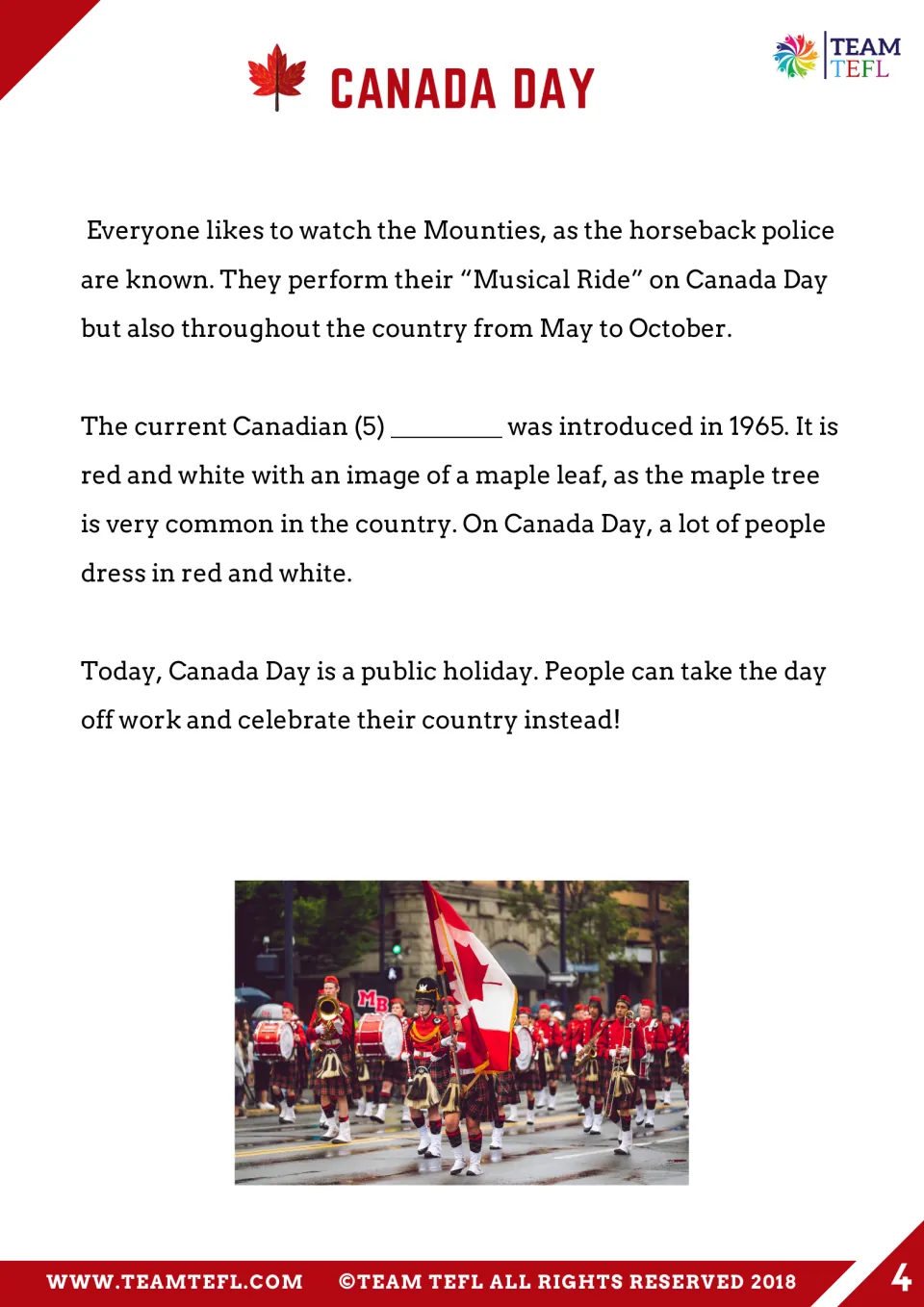 Reading conclusion covers the Mounties, the Canadian flag, and holiday celebrations, with blank 5