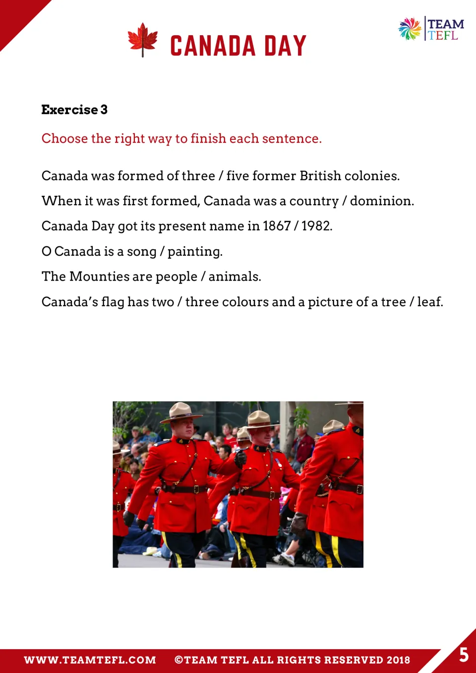 Exercise 3: six sentence-choice questions review Canada's colonies, dominion status, anthem, and flag