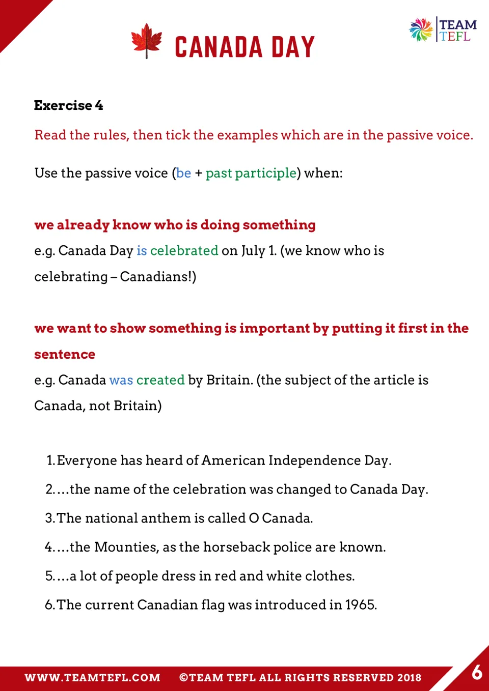 Exercise 4 explains be plus past participle and asks students to identify passive voice in six examples