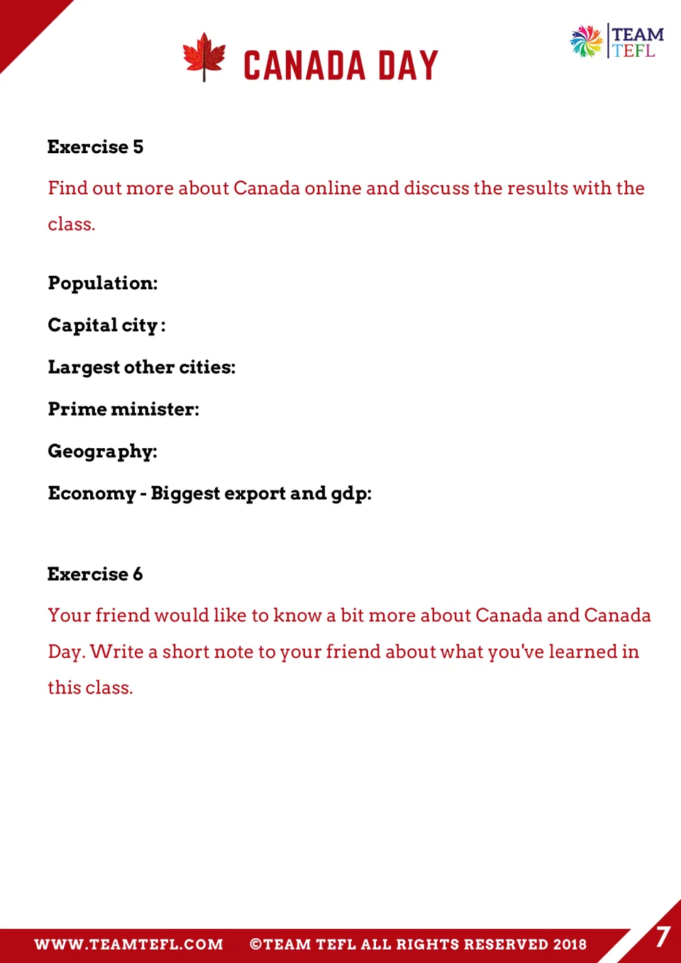 Exercises 5 and 6 ask students to research Canadian facts online and write a friend a note about Canada