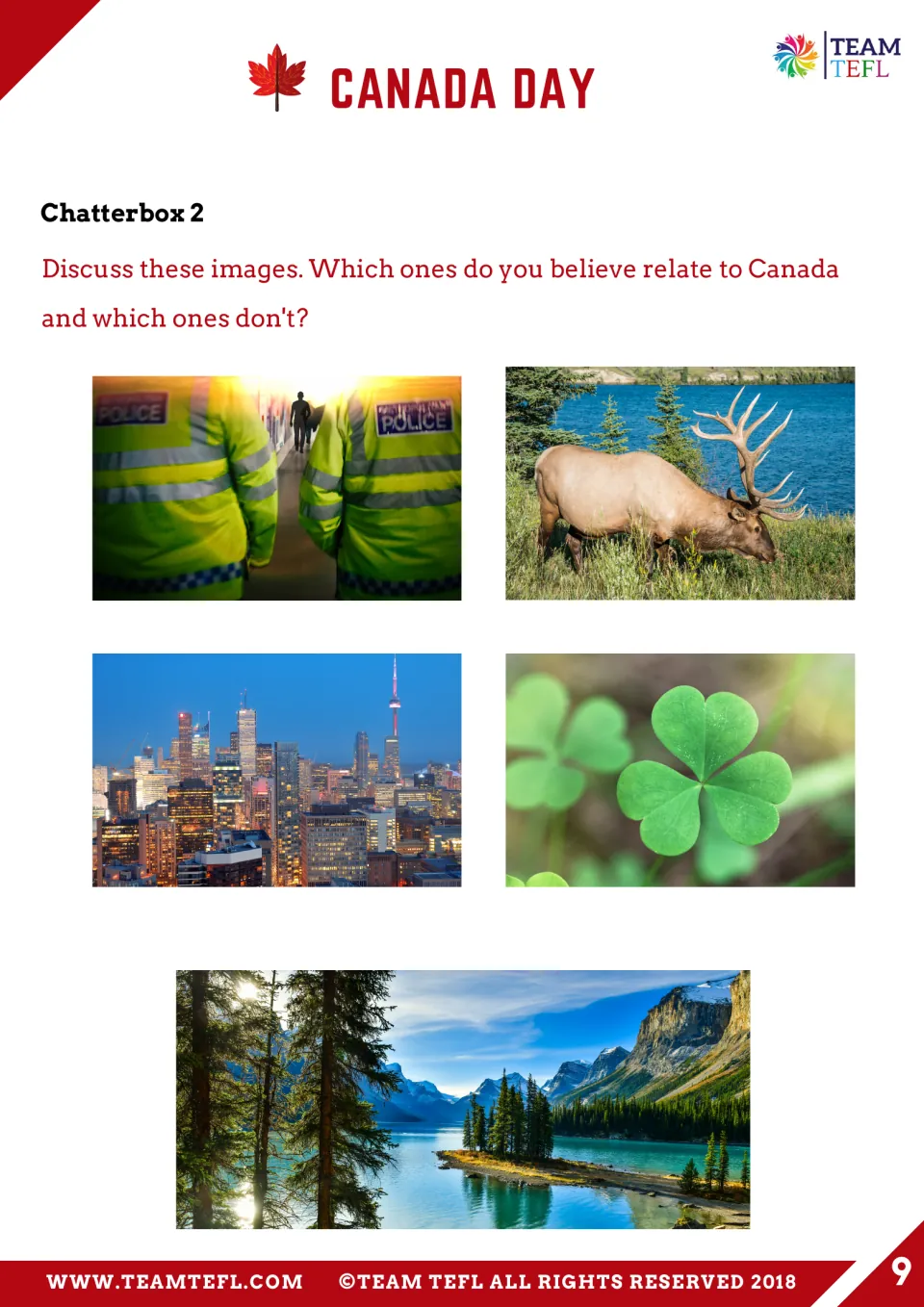 Chatterbox 2 asks which pictures relate to Canada: police, an elk, Toronto, a shamrock, and a mountain lake