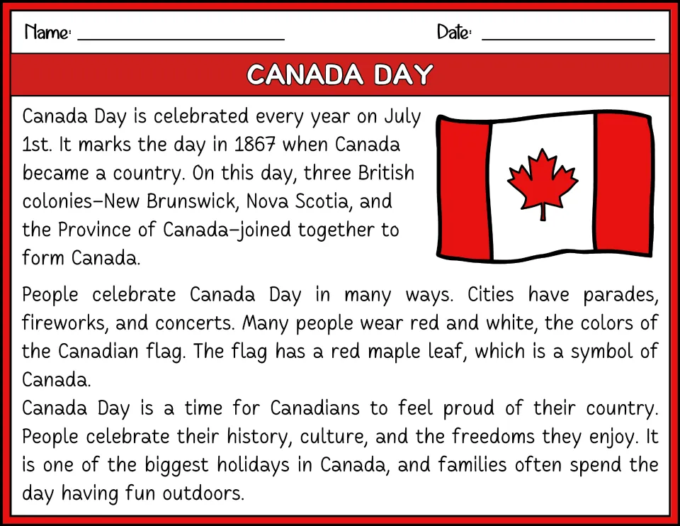 Color reading passage about Canada Day on July 1, Canada's formation in 1867, and holiday celebrations