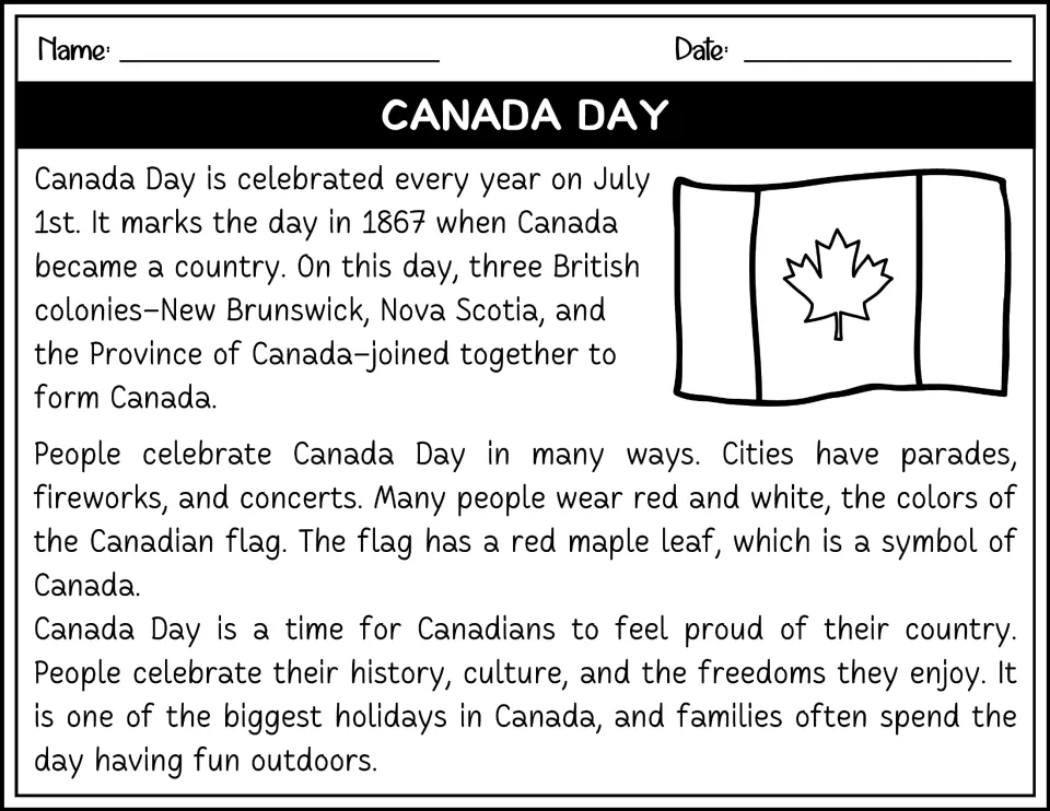 Black-and-white reading passage about Canada Day, the three founding colonies, and the maple leaf flag