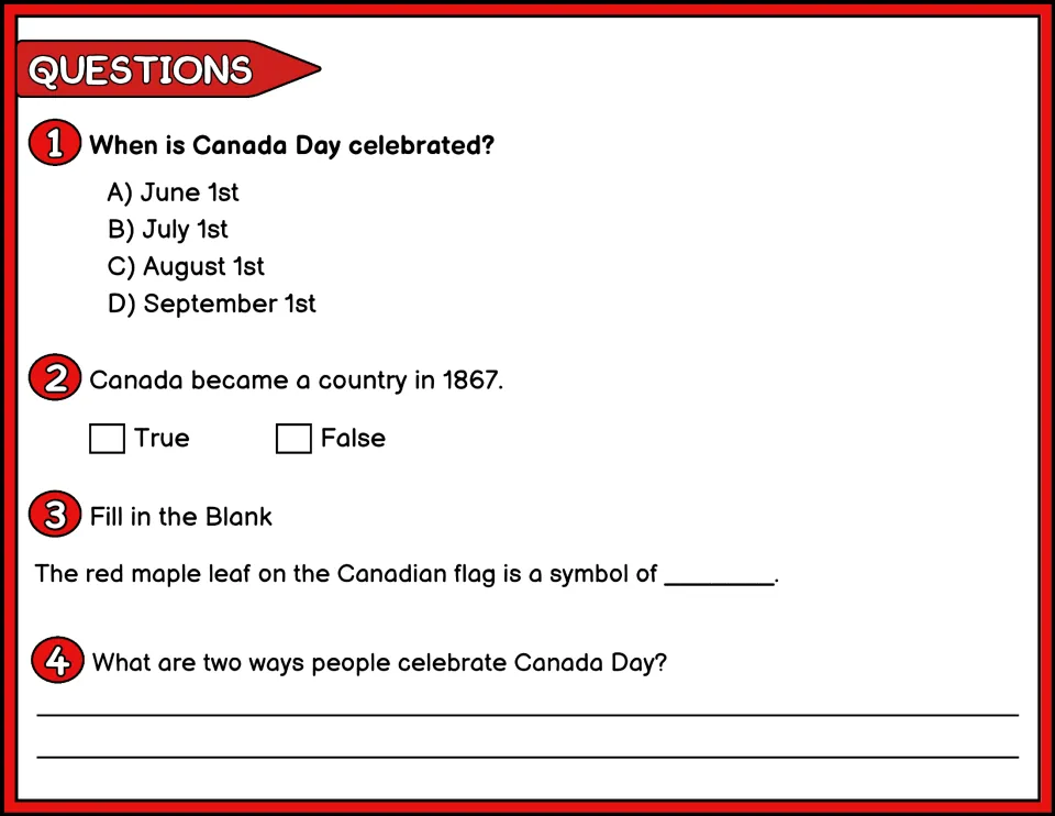 Color comprehension questions 1–4 about Canada Day's date, the year 1867, the maple leaf, and celebrations