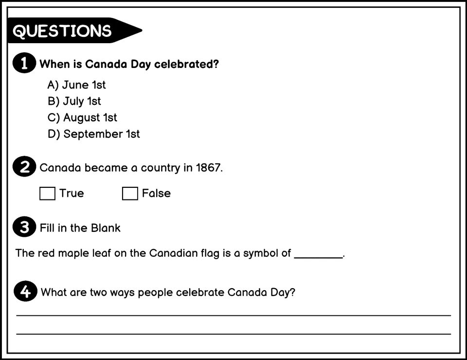Black-and-white questions 1–4 ask about July 1, Canada's formation in 1867, its flag, and celebrations