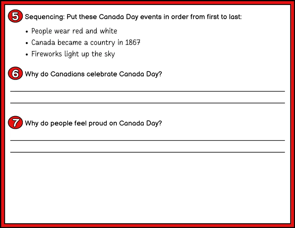 Color questions 5–7: sequence Canada Day events and explain why Canadians celebrate and feel proud