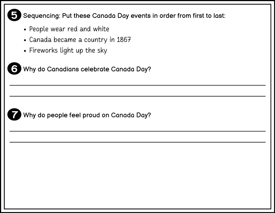 Black-and-white questions 5–7 cover sequencing, why Canadians celebrate Canada Day, and national pride